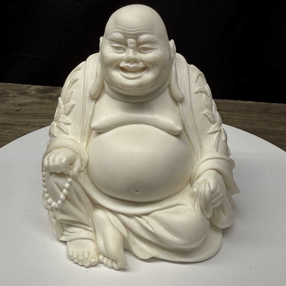 A. Giannelli Laughing Buddha Sculpture 1996 Italy White Marbled Resin Statue